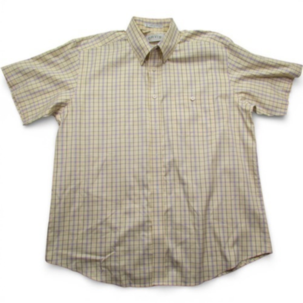 Orvis Shirt Mens XL Yellow Plaid Short Sleeve Button Down Cotton Pocket Casual